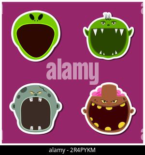 Adesivo per il design del set per la testa di Halloween. Alien, Goblin, Grey Zombie e Brown Zombie Head. Vettore e illustrazione Illustrazione Vettoriale