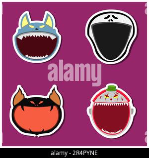 Adesivo per il design del set per la testa di Halloween. Wolf, Scream, Creepy Bat e Creepy Clown Head. Vettore e illustrazione Illustrazione Vettoriale