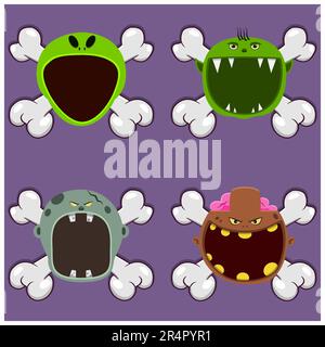 Testa Monster Design con Alien, Goblin, Grey Zombie e Brown Zombie. Sul cranio e bocca aperta. Vettore e illustrazione Illustrazione Vettoriale