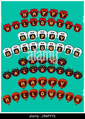 Happy Halloween Text Banner su Head Monsters. Devil, Skeleton, Black Cat e Balloon Head Design. Vettore e illustrazione. Illustrazione Vettoriale