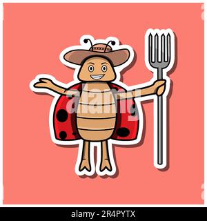 Carino Insect Sticker con cartoon Bettle Farmer. Sfondo rosa. Personaggio, icona, mascotte, vettore e Illustrazione. Illustrazione Vettoriale