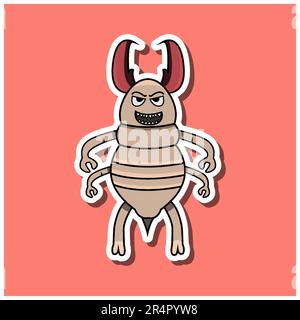 Carino Insect Sticker con Evil Termite Cartoon. Sfondo rosa. Personaggio, icona, mascotte, vettore e Illustrazione. Illustrazione Vettoriale