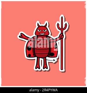 Carino Insect Sticker con cartoon Devil Bettle. Sfondo rosa. Personaggio, icona, mascotte, vettore e Illustrazione. Illustrazione Vettoriale