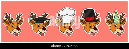 Set di adesivi per animali da cervo. Laurea, chef, mago e cappello da festa. Perfetto per adesivi, logo, biglietti d'auguri e inviti. Vettore e illustrat Illustrazione Vettoriale