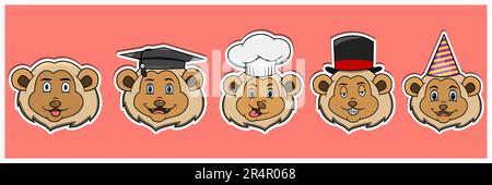 Set di adesivi per animali Head Lion. Laurea, chef, mago e cappello da festa. Perfetto per adesivi, logo, biglietti d'auguri e inviti. Vettore e illustrat Illustrazione Vettoriale
