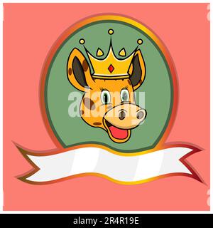 Cute animale testa con corona su telaio etichetta. Testa giraffa. Perfetto per cartoni animati, logo, icone e personaggi. Vettore e illustrazione. Illustrazione Vettoriale