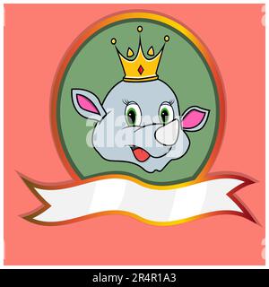 Cute animale testa con corona su telaio etichetta. Rhino testa. Perfetto per cartoni animati, logo, icone e personaggi. Vettore e illustrazione. Illustrazione Vettoriale