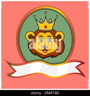 Cute animale testa con corona su telaio etichetta. Lion Head. Perfetto per cartoni animati, logo, icone e personaggi. Vettore e illustrazione. Illustrazione Vettoriale