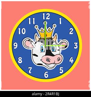 Adesivo testa animale con corona su orologio. Testa di mucca. Perfetto per il design dei personaggi Kid Clock. Vettore e illustrazione. Illustrazione Vettoriale