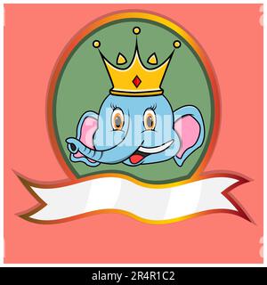 Cute animale testa con corona su telaio etichetta. Testa di elefante. Perfetto per cartoni animati, logo, icone e personaggi. Vettore e illustrazione. Illustrazione Vettoriale