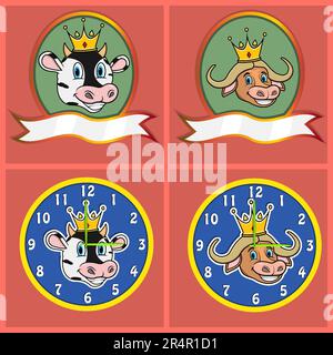 Cute Animal Heads of Cow e Buffalo per logo, badge, emblema e orologio. Vettore e illustrazione Illustrazione Vettoriale