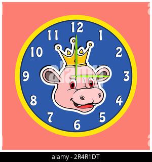 Adesivo testa animale con corona su orologio. Testa di ippopotamo. Perfetto per il design dei personaggi Kid Clock. Vettore e illustrazione. Illustrazione Vettoriale