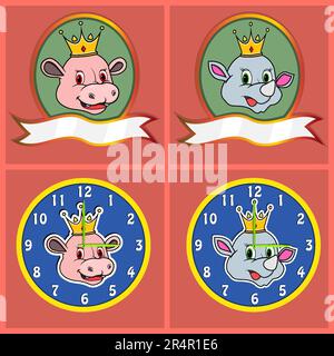 Cute Animal Heads of Hippopotamus e Rhino per Logo, Badge, emblema e orologio. Vettore e illustrazione Illustrazione Vettoriale