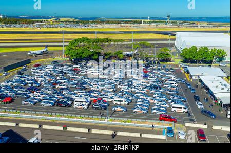 La stazione dei taxi presso il Terminal Nazionale di Sydney (Kingsford Smith) Aeroporto a Sydney, Australia, affollata con più di 200 taxi in attesa. Foto Stock