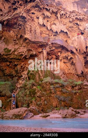Gli escursionisti salgono le insidiose scale da Mooney Falls sul Havasu Creek sotto il campeggio in una mattinata di sole. Supai, Arizona, Stati Uniti. Foto Stock
