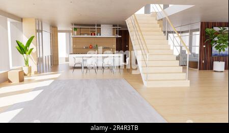 Vista interna di uno spazio aperto con grandi finestre, di grandi dimensioni, di stile moderno e contemporaneo. mobili da cucina. Case di lusso. Soggiorno Foto Stock