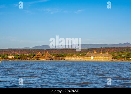 Un rifugio di lusso sulla riva del lago Baringo. Kenya, Africa. Foto Stock