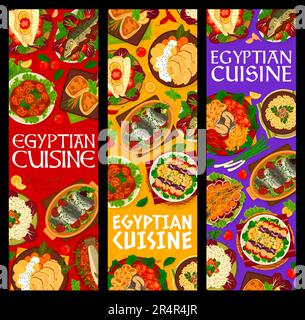 Cibo egiziano banner verticali. Pesce spada fritto, sgombro con datteri e polpettine di sardine, trota al forno, riso con tagliatelle e kebab di pesce, sgombro farcito, spigola al forno e pesce con pasta di sesamo Illustrazione Vettoriale