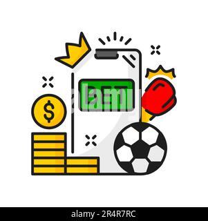 Smartphone con emblema di scommessa, casinò giochi chip, palla di calcio icona linea colore. Vettore oro monete stack e corona, gioco d'azzardo e scommesse segno di gioco Illustrazione Vettoriale
