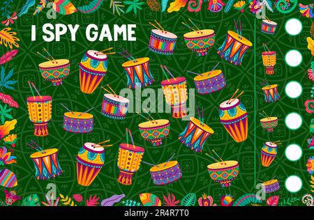 I foglio di lavoro gioco spia conteggio di batteria africana o brasiliana. Pagina di enigma vettoriale per bambini con strumenti di percussione tribali cartoni animati. Quanti jumbo batteria bambini prova, compito di istruzione per lo sviluppo del bambino Illustrazione Vettoriale
