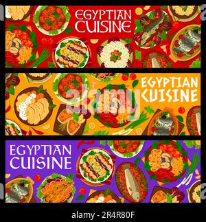 Striscioni di cibo egiziano cucina. Riso e tagliatelle, pesce spada fritto con verdure e sgombri ripieni, kebab di pesce, pesce con pasta di sesamo e polpettine di sardine, spigola e trota al forno, sgombro con datteri Illustrazione Vettoriale
