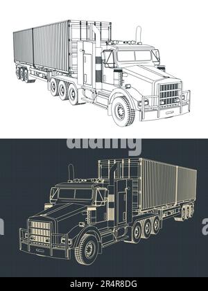 Illustrazioni vettoriali stilizzate di progetti di autocarri per rimorchi per trattori container Illustrazione Vettoriale