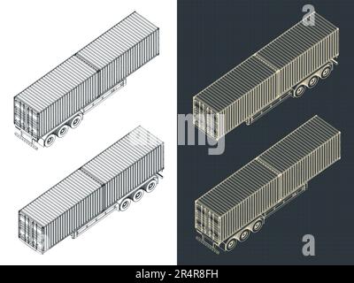 Illustrazioni vettoriali stilizzate di progetti isometrici di rimorchi per container a tre assali Illustrazione Vettoriale