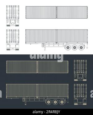 Illustrazioni vettoriali stilizzate di progetti di un rimorchio container a tre assali Illustrazione Vettoriale