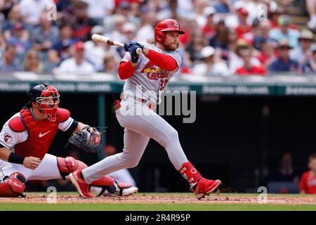 CLEVELAND, OH - MAGGIO 28: l'esterno destro dei St. Louis Cardinals Brendan Donovan (33) batte contro i Cleveland Guardians durante una partita del 28 maggio 2023 al Progressive Field di Cleveland. (Joe Robbins/immagine dello sport) Foto Stock