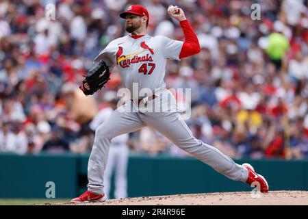 CLEVELAND, OH - MAGGIO 28: Il lanciatore titolare dei St. Louis Cardinals Jordan Montgomery (47) lancia contro i Cleveland Guardians durante una partita del 28 maggio 2023 al Progressive Field di Cleveland. (Joe Robbins/immagine dello sport) Foto Stock