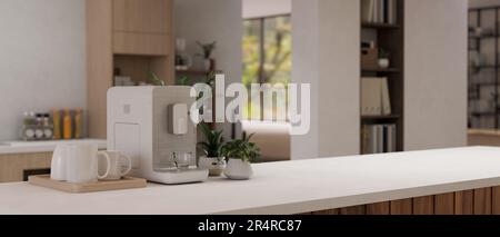 Immagine in primo piano di una macchina per il caffè, vassoio tazza, vaso pianta e spazio copia su un piano cucina o isola cucina in una moderna cucina contemporanea. 3d Foto Stock