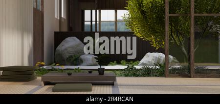 Design interno di uno splendido stile zen soggiorno giapponese con giardino zen interno, tavolo da tè in legno e cuscini su pavimento tatami. resa 3d, 3d ill Foto Stock