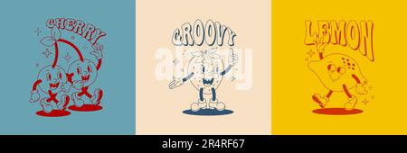 Set poster retrò Cartoon Character Fruit. Illustrazione del fumetto Vector Funny con ciliegia, fragola e limone in stile Groovy trendy per stampa T-Shirt, Illustrazione Vettoriale