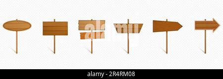 Set realistico di cartelli in legno che indicano la direzione. Illustrazione vettoriale di pali con frecce con ombre, puntatori di destinazione rustici rettangolari e ovali isolati su sfondo trasparente Illustrazione Vettoriale