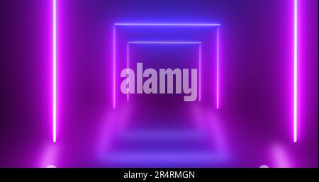 Tunnel quadrato astratto al neon blu e viola energia che risplenda da linee di fondo. Foto Stock