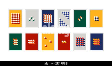 Bauhaus poster. Set di dodicesimi collage verticali astratti con cilindri colorati. Illustrazione Vettoriale