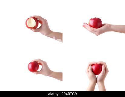 Set di mani femminili con mele isolate su bianco, spazio copia. Vista dall'alto Foto Stock