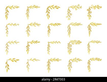 Oro bordo ad angolo floreale, set cornice floreale. Boarder d'angolo dorato disegnato a mano in stile rustico per un elemento di design floreale, motivo floreale e fantasia. Illustrazione vettoriale Illustrazione Vettoriale