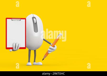 Computer mouse Cartoon personaggio Mascot con Clipboard, carta e matita di plastica rossa su sfondo giallo. rendering 3D Foto Stock