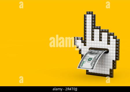 Icona del cursore a forma di mano pixel con una banconota da cento dollari su sfondo giallo. rendering 3D Foto Stock