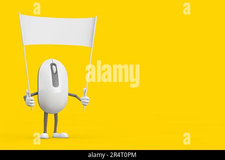 Computer mouse Cartoon personaggio Mascot e vuoto Banner bianco vuoto con spazio libero per il tuo disegno su uno sfondo giallo. rendering 3D Foto Stock