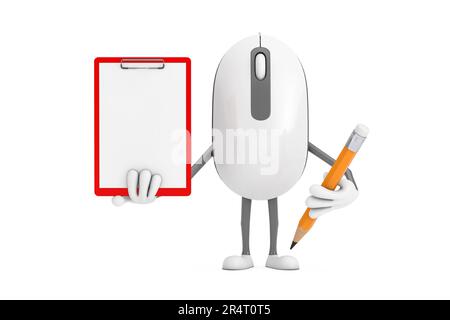 Computer mouse Cartoon personaggio Mascot con Clipboard, carta e matita di plastica rossa su sfondo bianco. rendering 3D Foto Stock