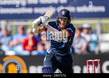 David Willey del Northamptonshire battendo in una partita Vitality Blast del T20 tra Derbyshire Falcons e Northamptonshire Steelbacks Foto Stock