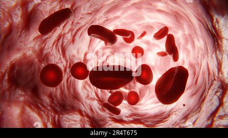 Sangue nelle vene, nei vasi sanguigni, nei globuli bianchi e nelle piastrine. Esami del sangue sani. rendering 3d Foto Stock