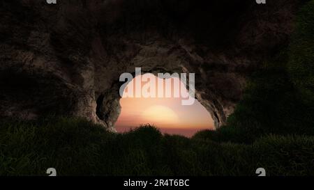 Vista dalla profonda grotta con erba, buco nella montagna rocciosa, tramonto. rendering 3d Foto Stock