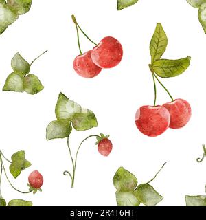 Acquerello Berry Pattern. Motivo senza cuciture con ciliegie e fragole selvatiche. Primavera Estate brillante illustrazione. Cibo sano, dieta. Coperchio per alimenti Foto Stock