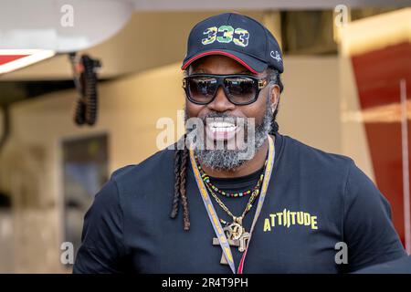 CIRCUITO DI MONACO, MONACO - 26 MAGGIO: Chris Gayle, durante il Gran Premio di Monaco al circuito di Monaco di venerdì 26 maggio 2023 a Monte Carlo, Monaco. (Foto di Michael Potts/BSR Agency) Foto Stock