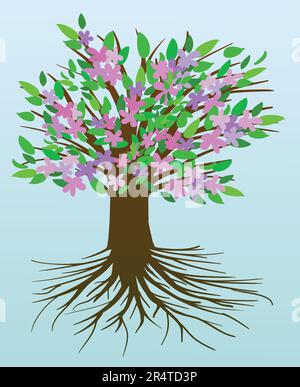 Albero di vita con fiori rosa e viola e foglie verdi. Sfondo sfumato blu chiaro. Illustrazione Vettoriale