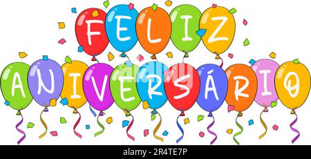 Scritta Happy Birthday in portoghese (Feliz aniversário) con palloncini colorati. Cartone animato. Illustrazione vettoriale Illustrazione Vettoriale