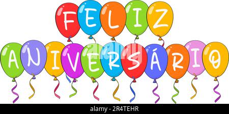 Felice compleanno in portoghese (Feliz aniversário) con palloncini colorati e confetti. Cartone animato. Illustrazione vettoriale Illustrazione Vettoriale
